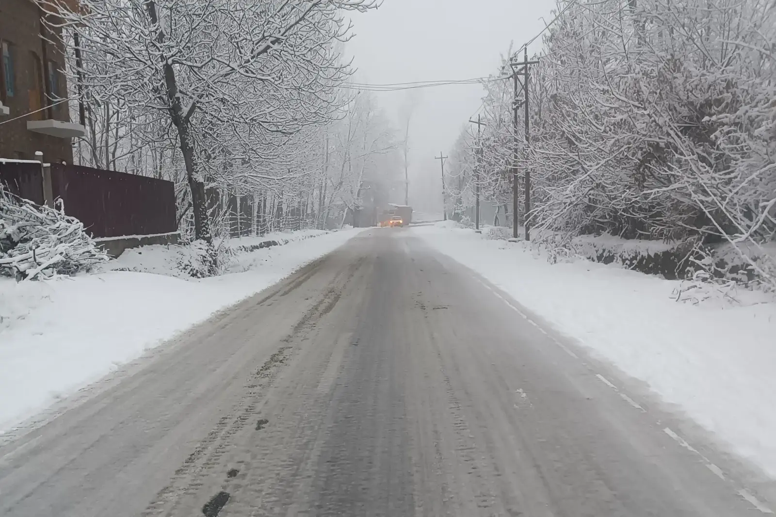 A road through Anantnag district, Kashmir, lined with snow-covered trees after a winter snowfall