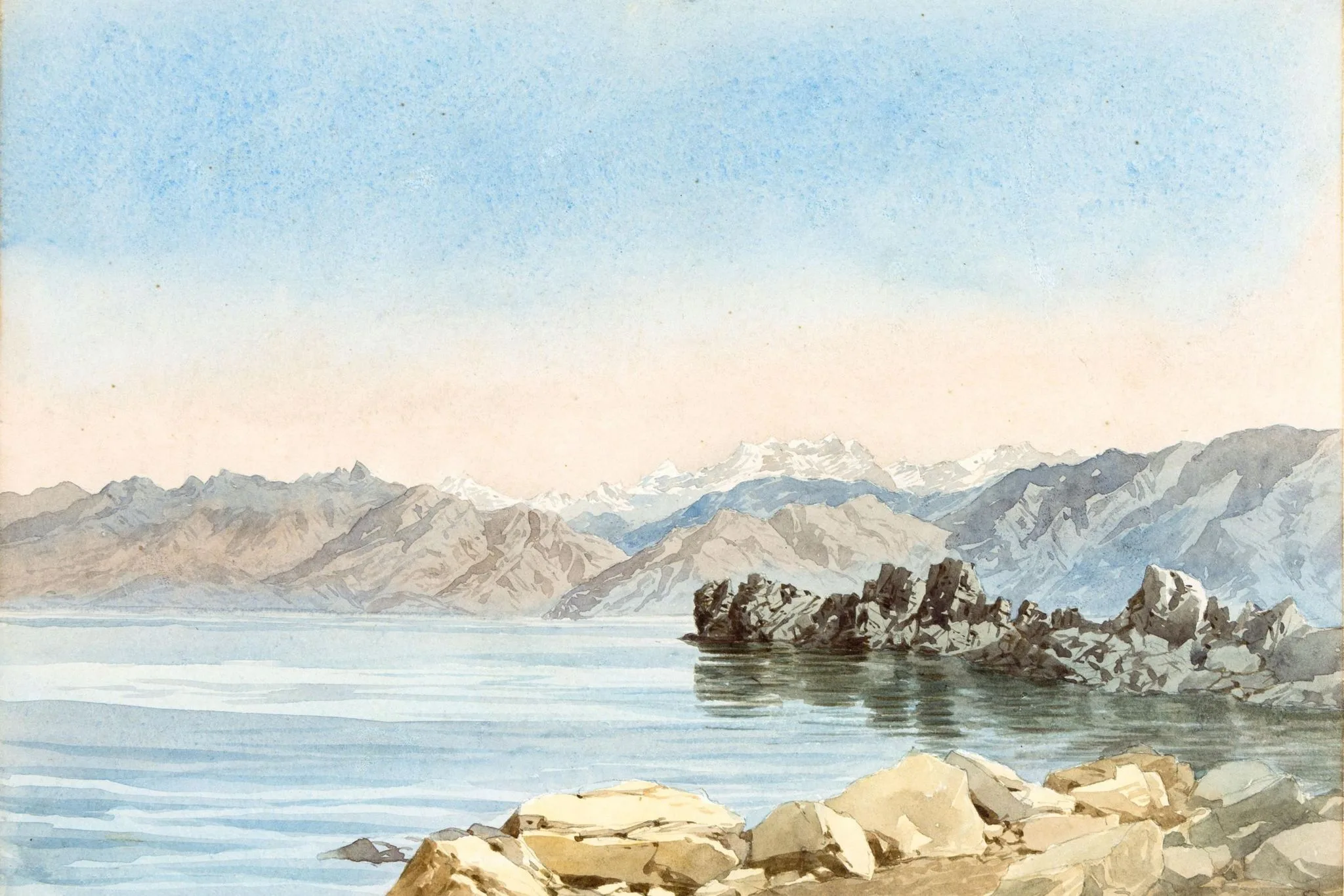 Wular Lake and the surrounding hills, painted by George Strahan in 1894