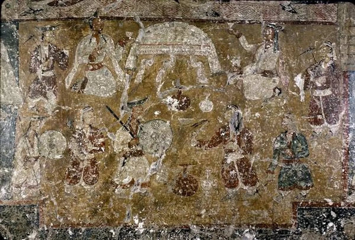 Old mural detail on a wall of the Dukhang assembly hall at Alchi Monastery
