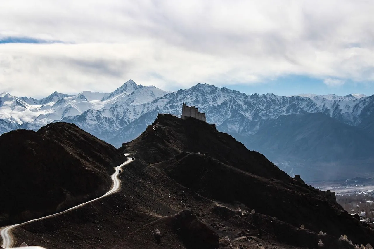 Namgyal Tsemo fort on its ridge above Leh with the snow-covered Stok range behind