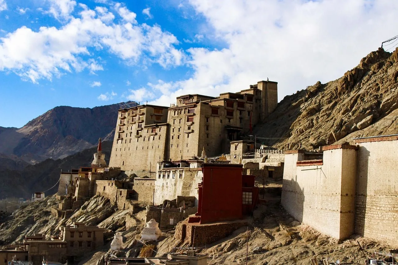 The nine-storey Leh Palace above the old town against bare brown mountains