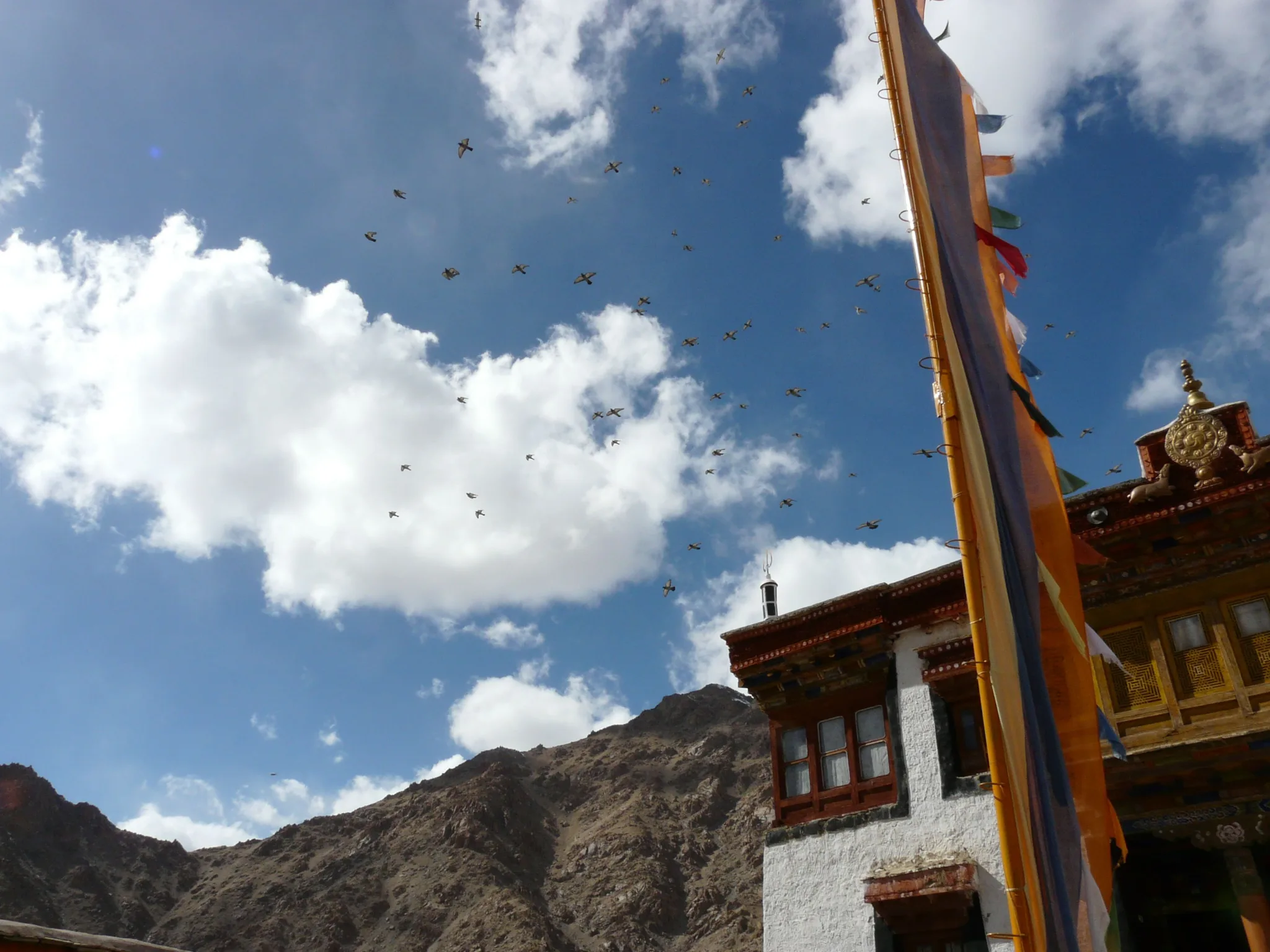 Likir Gompa buildings and a prayer-flag pole against a blue sky, Ladakh