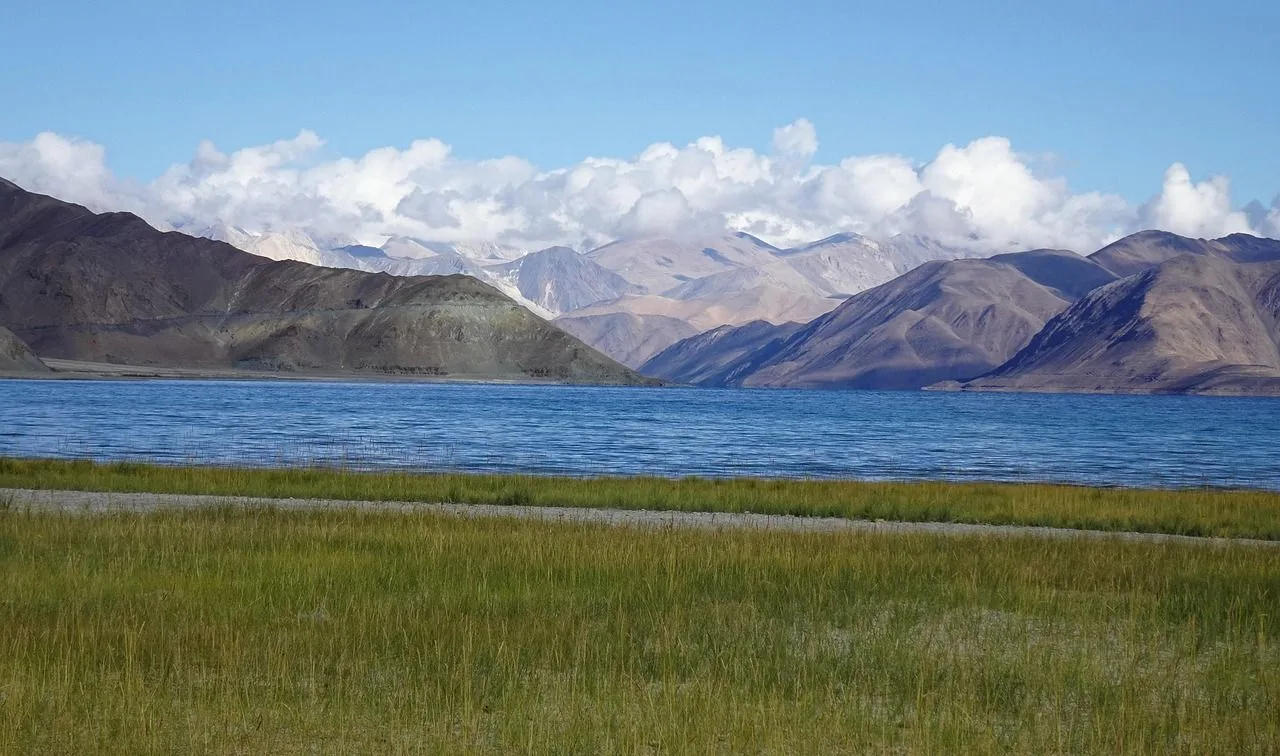 Blue water of Pangong Tso with a green grassy shore and brown mountains