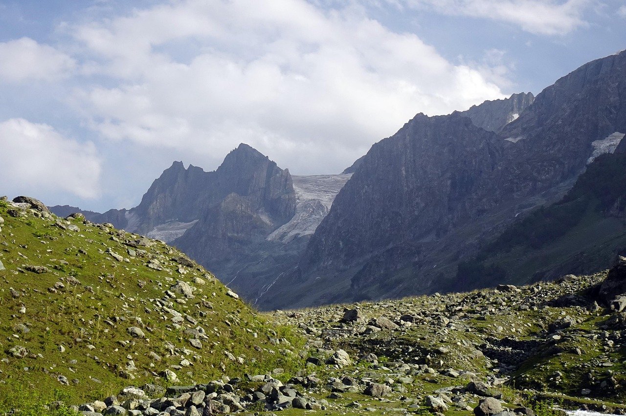 A small Sonamarg guesthouse veranda at 6:30am in late June -- looking east over the valley floor, the meadow grass dew-wet, the eastern ridge in the first direct light, the glacier gorge partially in shadow, a cup of chai on the wooden railing